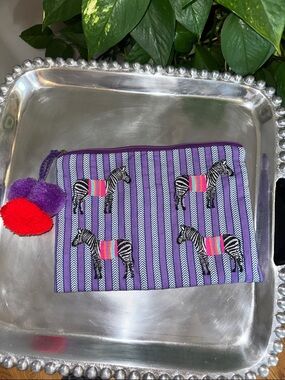 Purple Zebra Stripe Cosmetic Pouch with Colorful Pom-Pom Trim NWOT